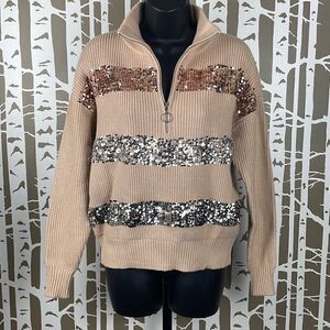 Nine West Mock Zip Neck Sequined Striped Sweater S Camel